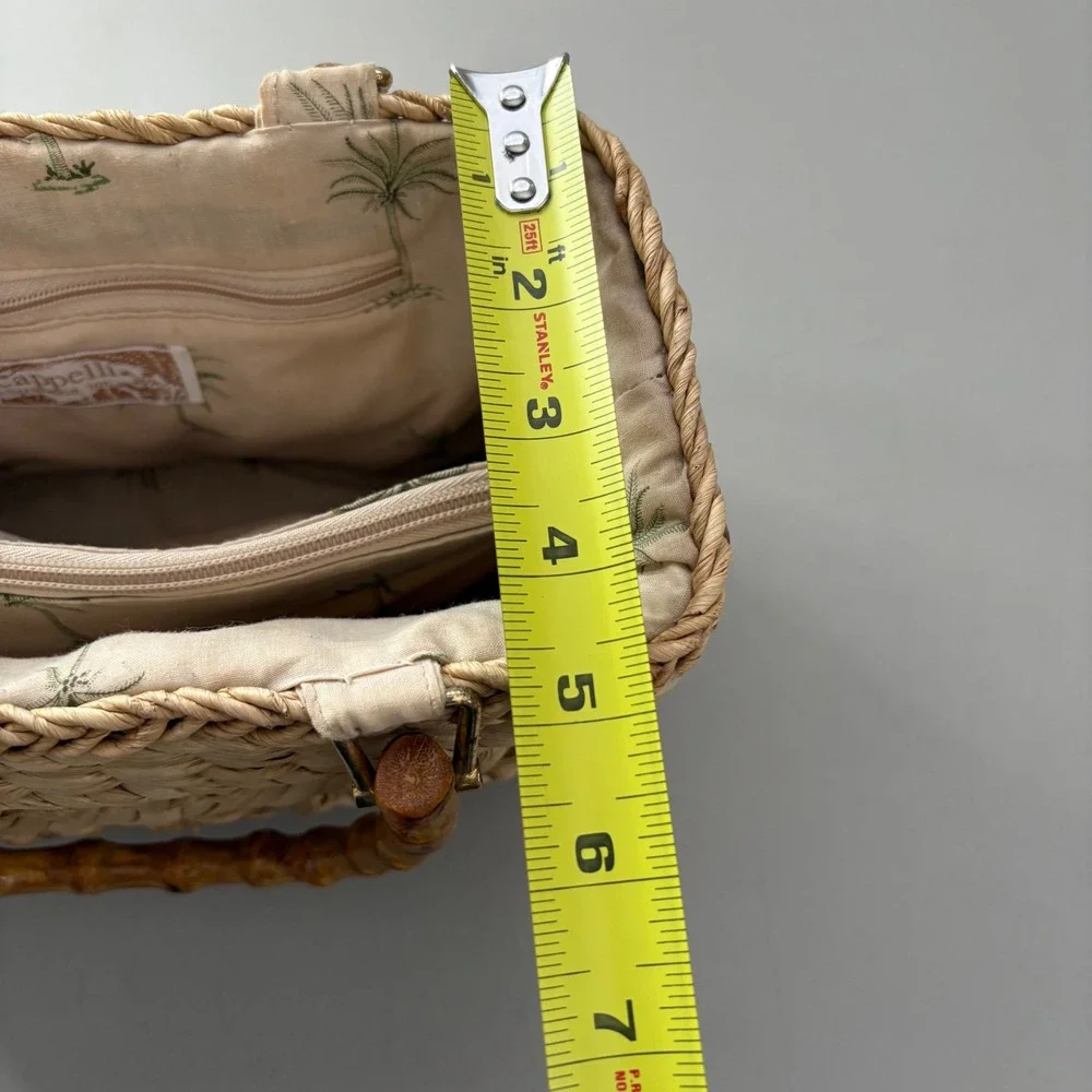 Cappelli Straworld Woven Straw Handbag Bamboo Handle Palm Tree Lining Tan Boho